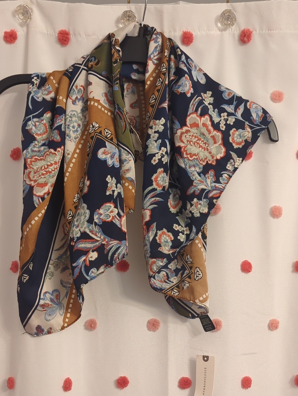 Anthropologie Navy Floral Satin Wrap with Mustard & Olive Accents